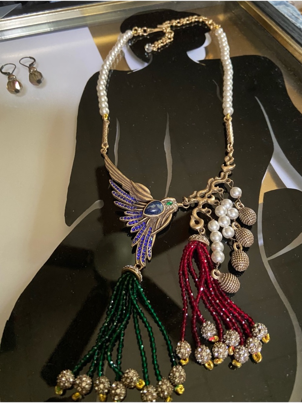 Vintage Faux pearl Hummingbird Pendant Necklace w/Green&Red and crystal earrings